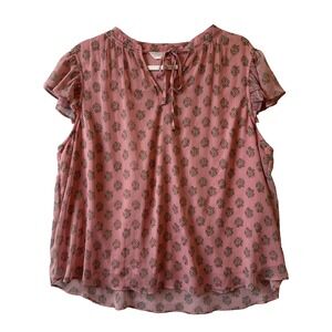 LC Pink Floral Tie V Neck Flutter Ruffle Sleeve Sheer Lined Blouse XXL Fairy